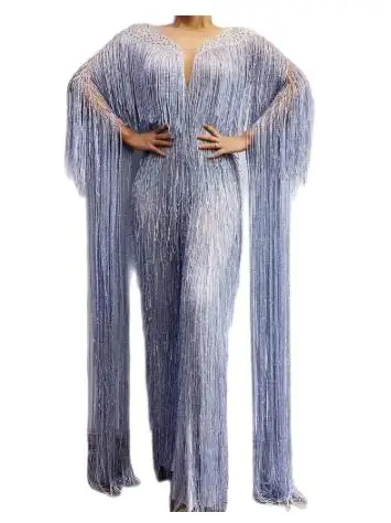 

Nightclub Outfit Party Evening Show Costume Individual Design Long Tassel Sleeve Silver Fringes Jumpsuits Ladies Dance Costume