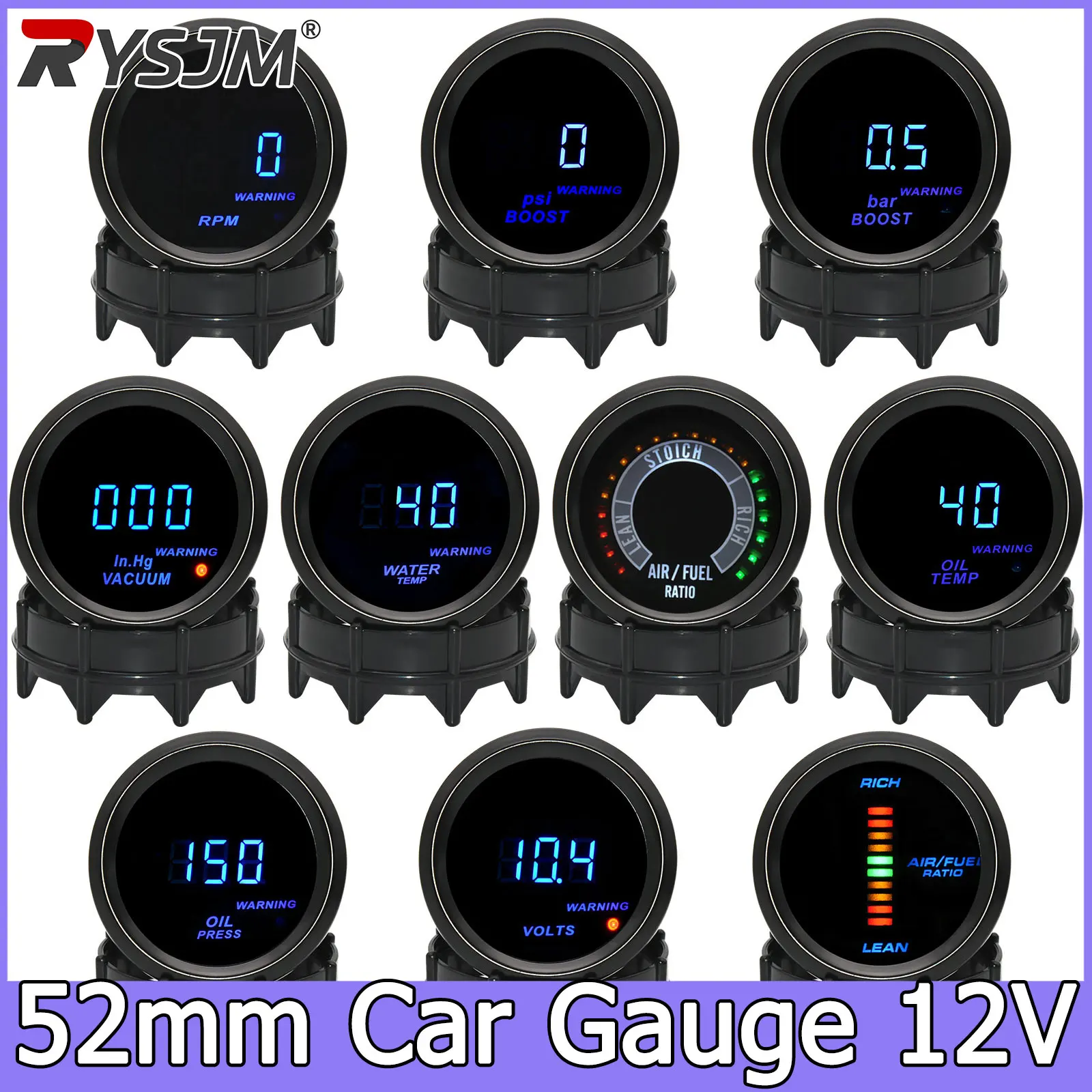 52mm Water Temp Gauge with Sensor Boost Tachometer Voltmeter Air Fuel Ratio Oil Temp Oil Press AFR Gauge Fit for 12V Car