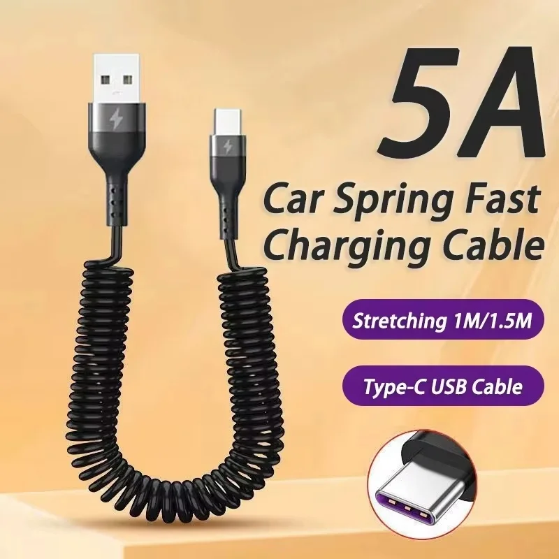 66W 5A USB Type C Data Cable USB Spring Pull Telescopic Fast Charging Cable For Sumsung Xiaomi Huawei iPhone 16 15 Charger Cable
