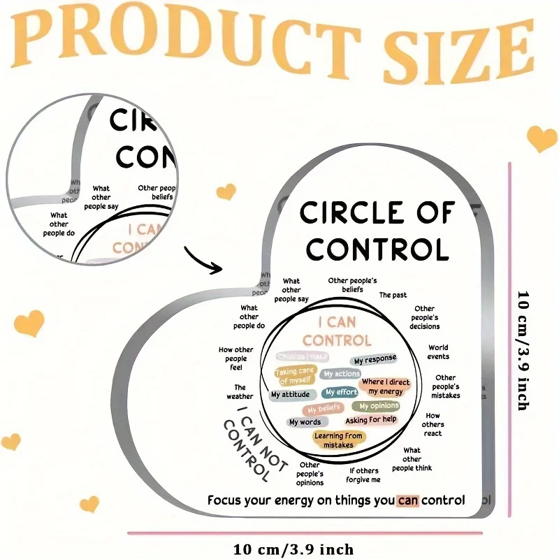 Circle of Control Acrylic Heart Desk Decor - Mental Health CBT Therapy Tool, Focus Your Energy Motivational Sign