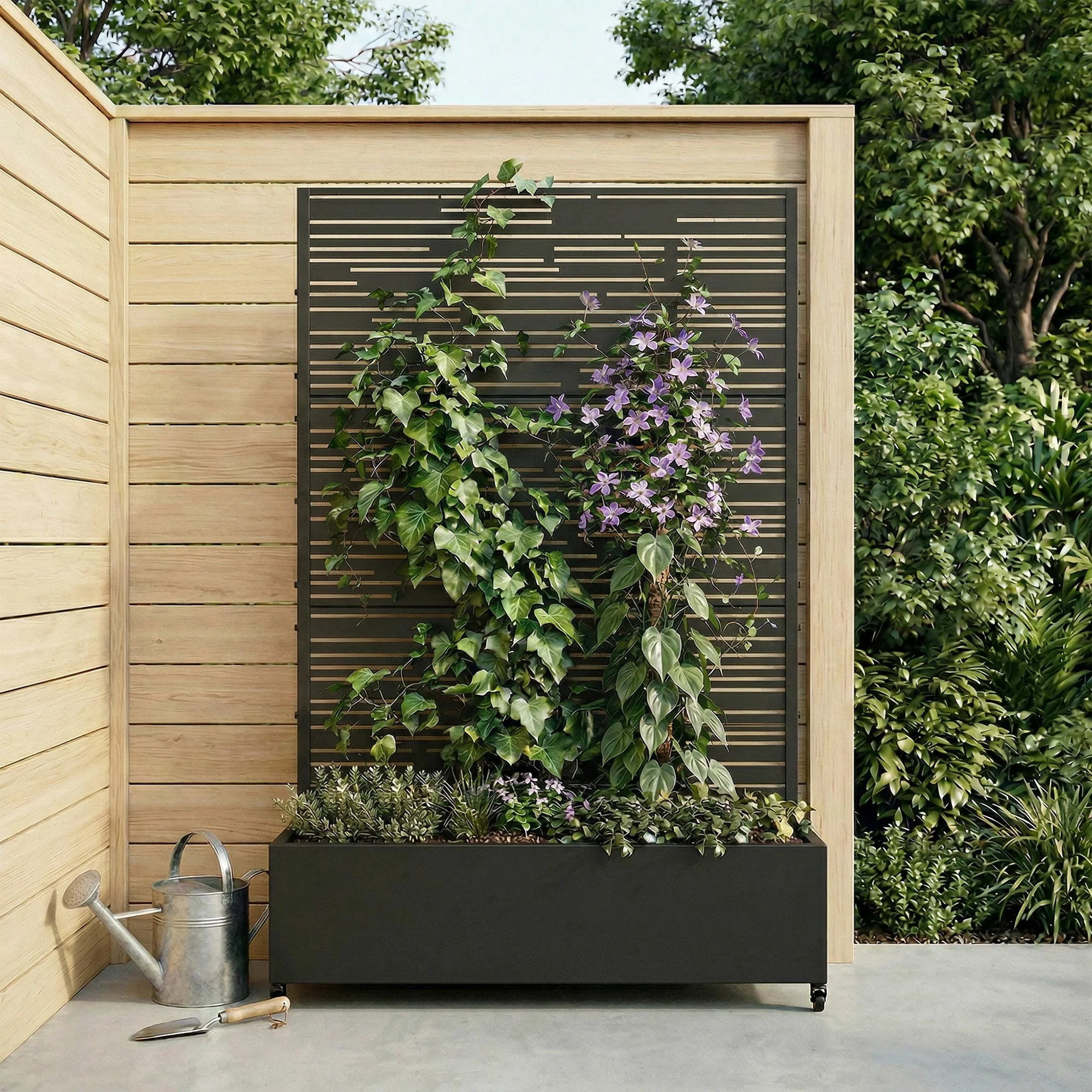 6 ft. H x 4 ft. W Metal Planter Box privacy screen Garden Bed with Trellis and Wheels - Black