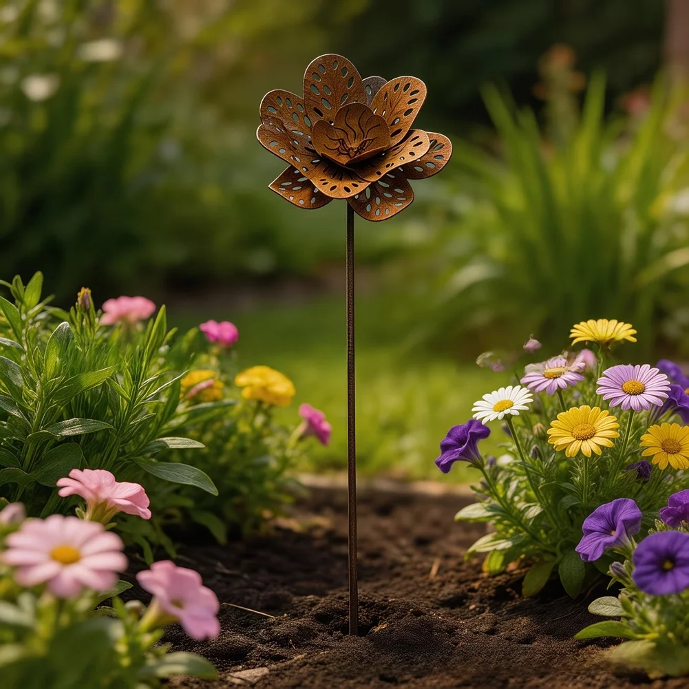 Outdoor Yard Decor Wrought Iron Garden Stake Sturdy Iron Construction Intricate Floral Cutouts Leaf Pattern Design