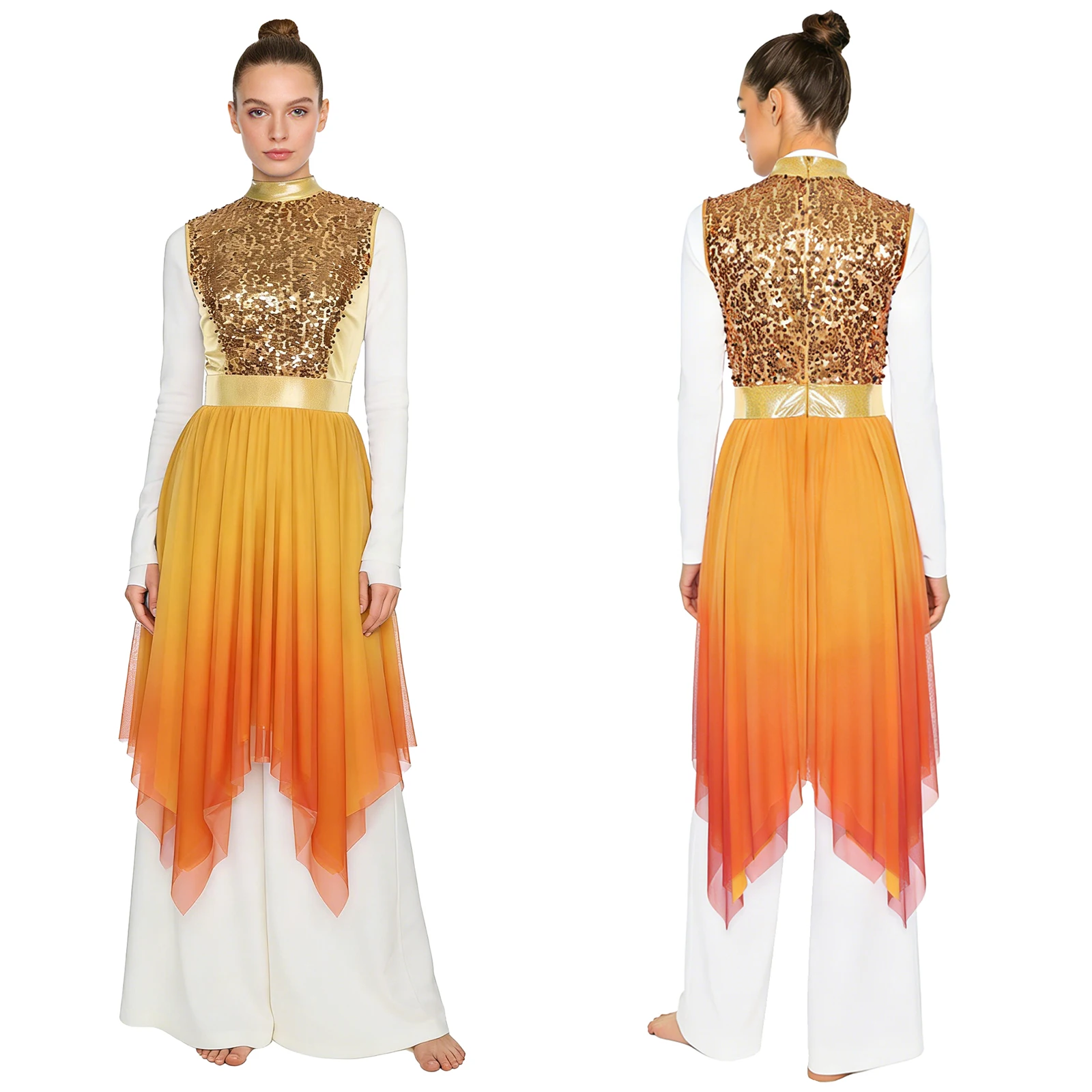 

Womens Worship Praise Dance Dress Glittery Sequined Sleeveless Bodice Gradient Mesh Lyrical Liturgical Dance Performance Costume