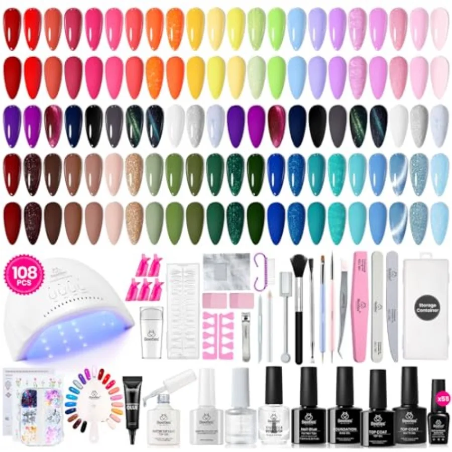 

Beetles Gel Nail Polish Kit with U V Light, 108 Pcs 55 Colors Cat Eye Gel Polish Set with Base Coat Glossy Matte Glitter Top Co
