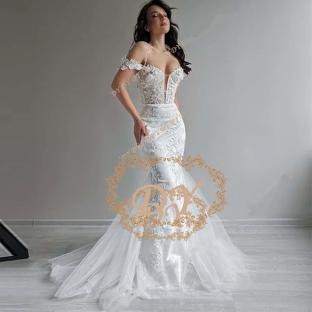 

DY Customized Glamorous Appliques Trumpet Wedding Dresses For Bride Court Train Off The Shoulder Tulle Short Sleeves