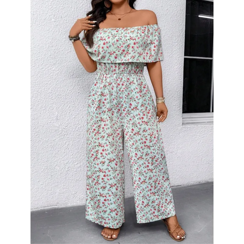 

Plus Size 1XL-5XL Women's Fashionable One-piece Collar Waist Cinching Elegant Printed Jumpsuit
