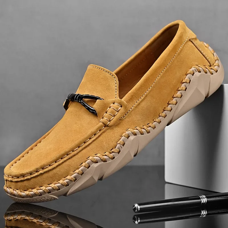 

Hand Stitched Men's Leather Shoes Slip on Loafers Soft Sole Men Flat Driving Shoes Summer Breathable Men Moccasins