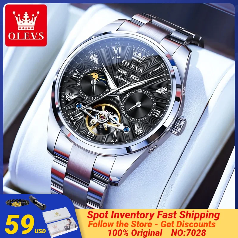 

OLEVS 7028 Flywheel Skeleton Automatic Watch for Men Dual Calendar Waterproof Luminous High Quality Stainless steel Wristwatches