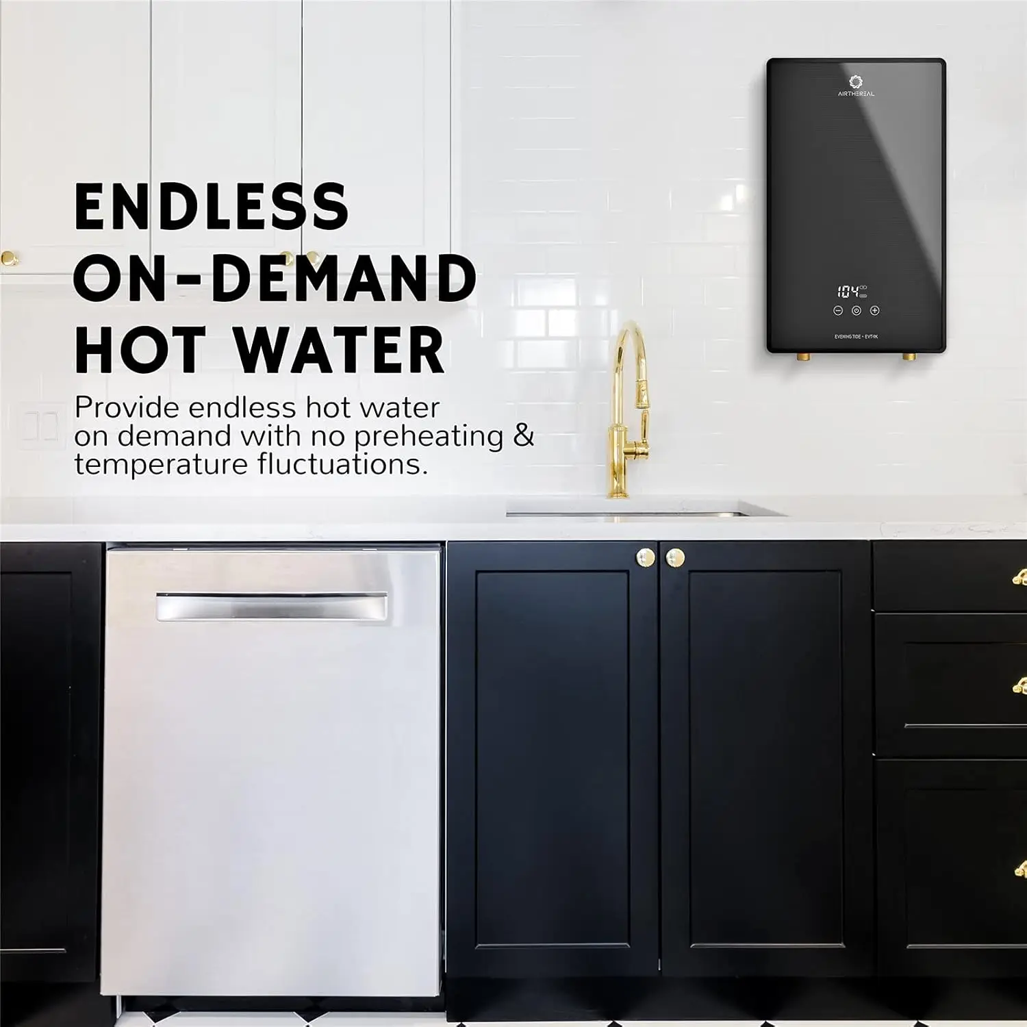 Electric Tankless Water Heater, 9kW, 240Volts - Endless On-Demand Hot Water - Self Modulates to Save Energy Use - Small Enough t