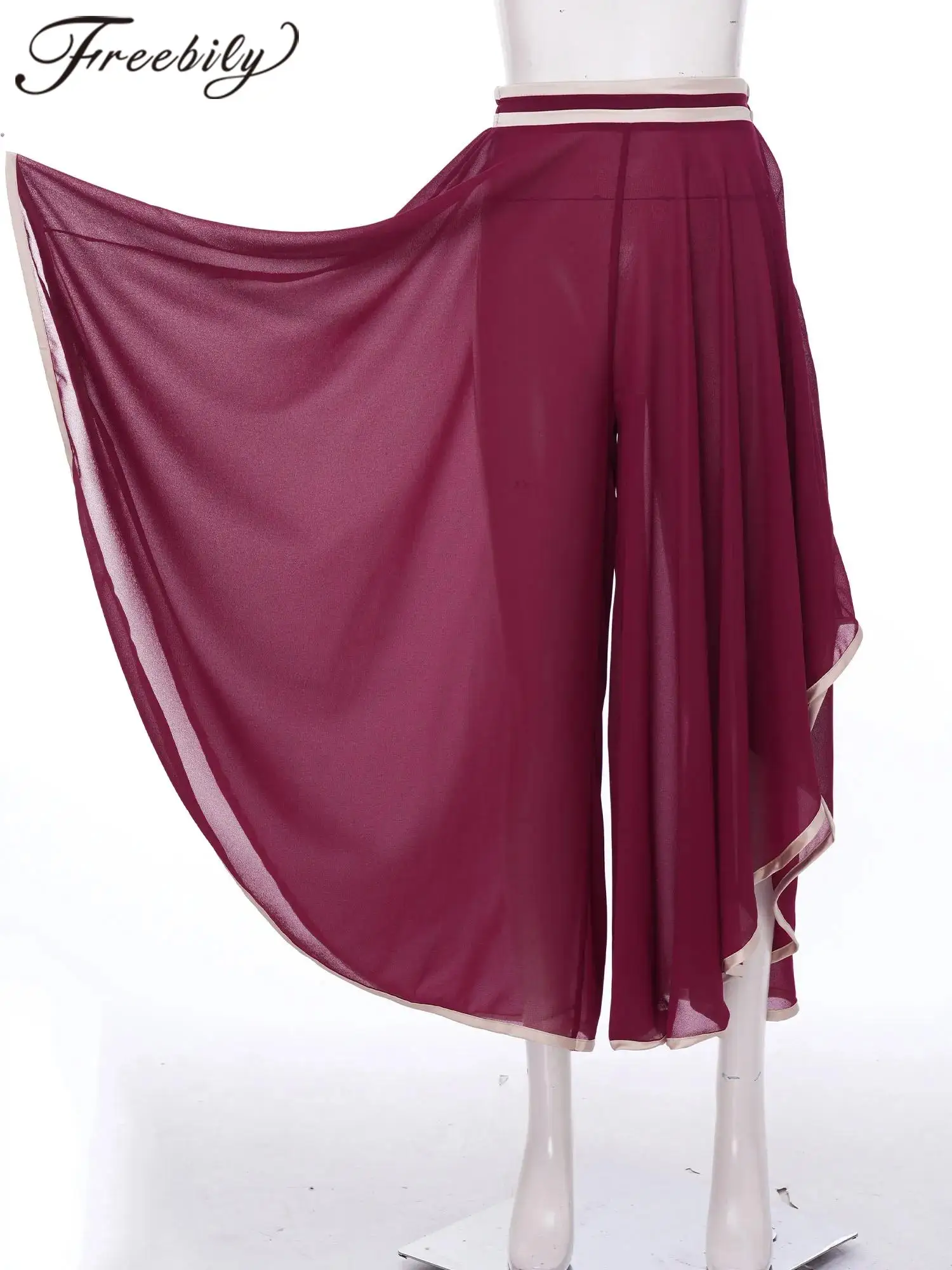 Women Flowy Chiffon Lyrical Dance Costume Palazzo Culottes Wide Leg Pants Irregular Elegant Loose Pants Modern Dancewear