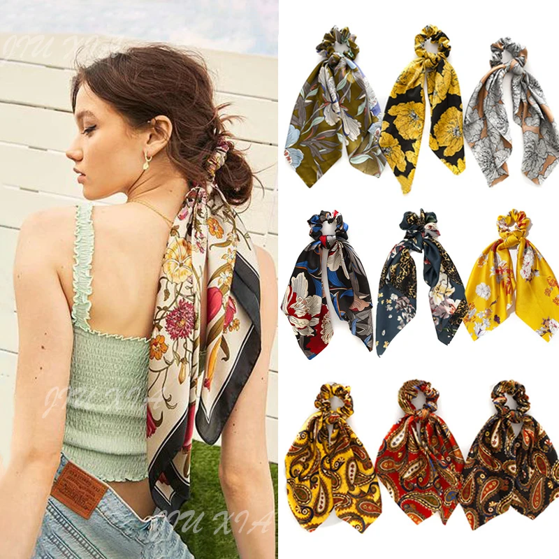 Vintage wzór w cętki Bow Satin Scrunchie kobiety dziewczęta długa wstążka kucyk szalik elastyczna opaska do włosów Scrunchies akcesoria do włosów