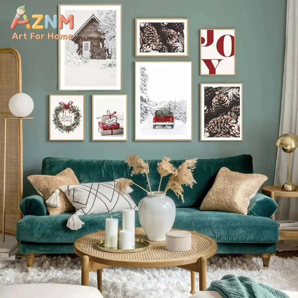 AZNM Neutral Christmas Canvas Wall Art Winter Deer Red Truck Wreath Gift Hot Cocoa Holiday Festive Xmas Unframed Canvas Home Dec
