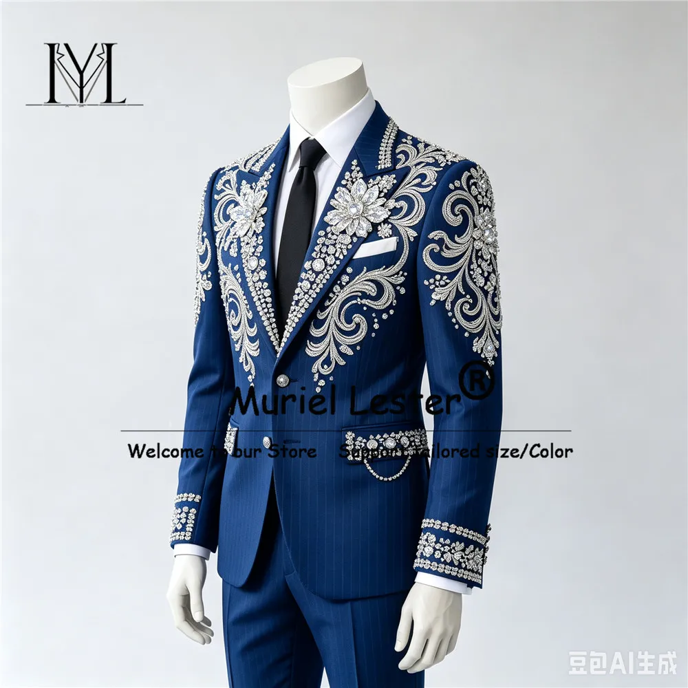 Attractive Groom Wedding Suit For Man Diamond Beaded Stones Striped Single Breasted Jacket Pants 2 Pieces Sets Groom Tuxedo 2027