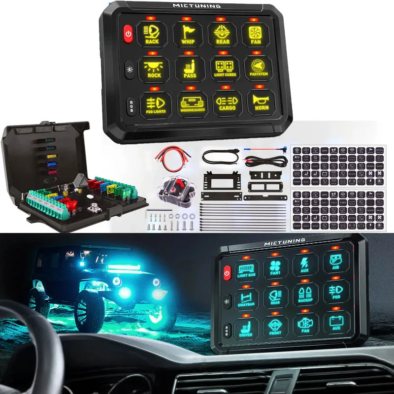 MICTUNING P1S RGB 8/12 Gang Switch Panel,3 Silicone Button 11 RGB Color Modes Multifunction Control Panel For SUV Offroad Truck
