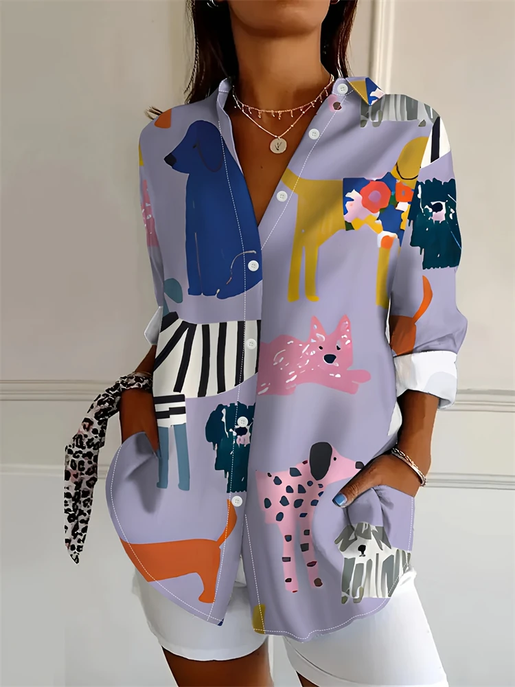 ファッションスペードパッチワークプリントラペルシャツ女性の夏薄いクールシャツフレンチエレガントな V ネック長袖シャツ女性の