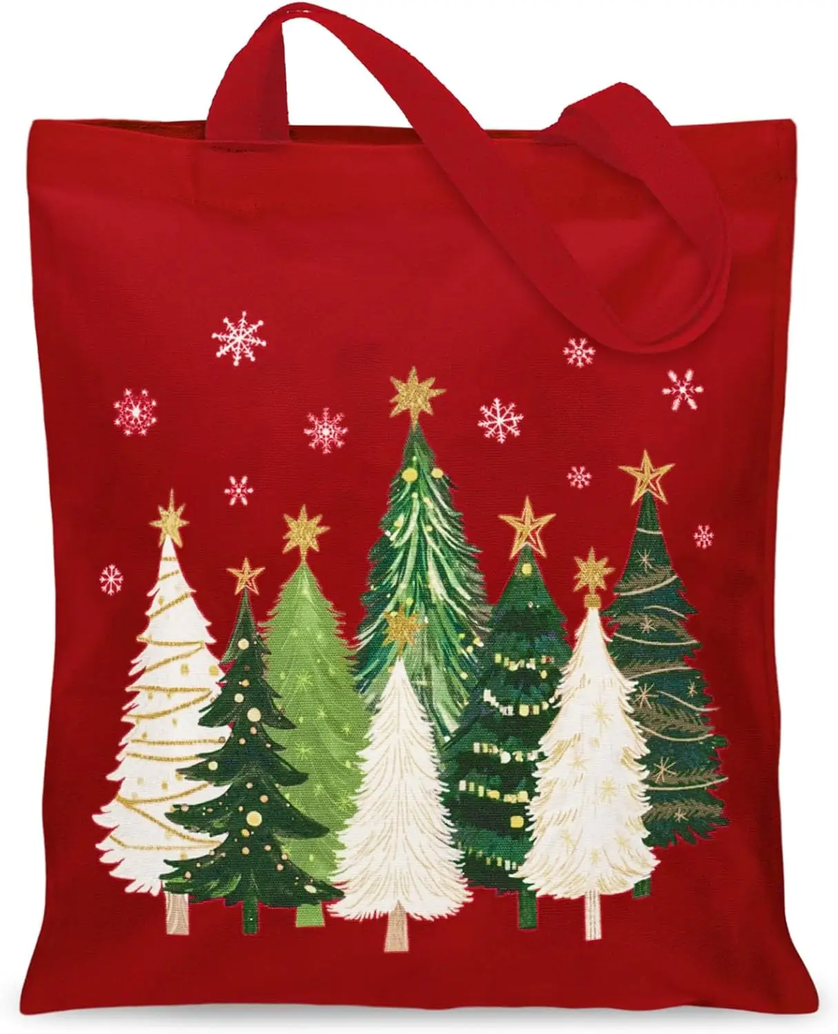 Red Christmas Canvas Tote Bag Xmas Tree Snowflake Grocery Shopping Bag Red Reusable Gift Goodie Bags for Winter