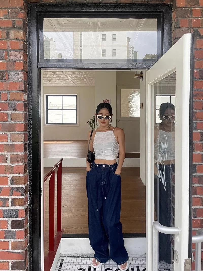 

High Waist Straight Leg Net Version Women's Jeans Summer Faionable All-Match Wide Leg Loose Fit Dstring Design