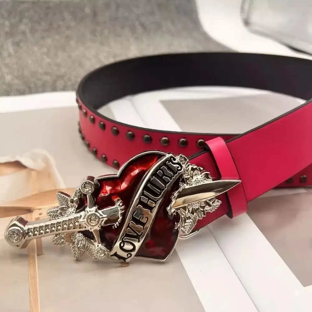 1Pcs Leather Sword Belt Red Heart Adjustable Buckle Rivet Belt Sword Design Fashion Waistband