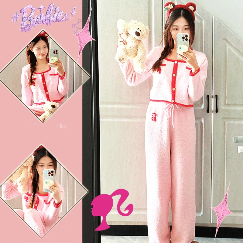 

Barbie Plush Pajamas Kawaii 2Pcs Set Warming Soft Trendy Movie Nightgown Pants Y2K Style Stylish Home Girls Gift Lovely Cute