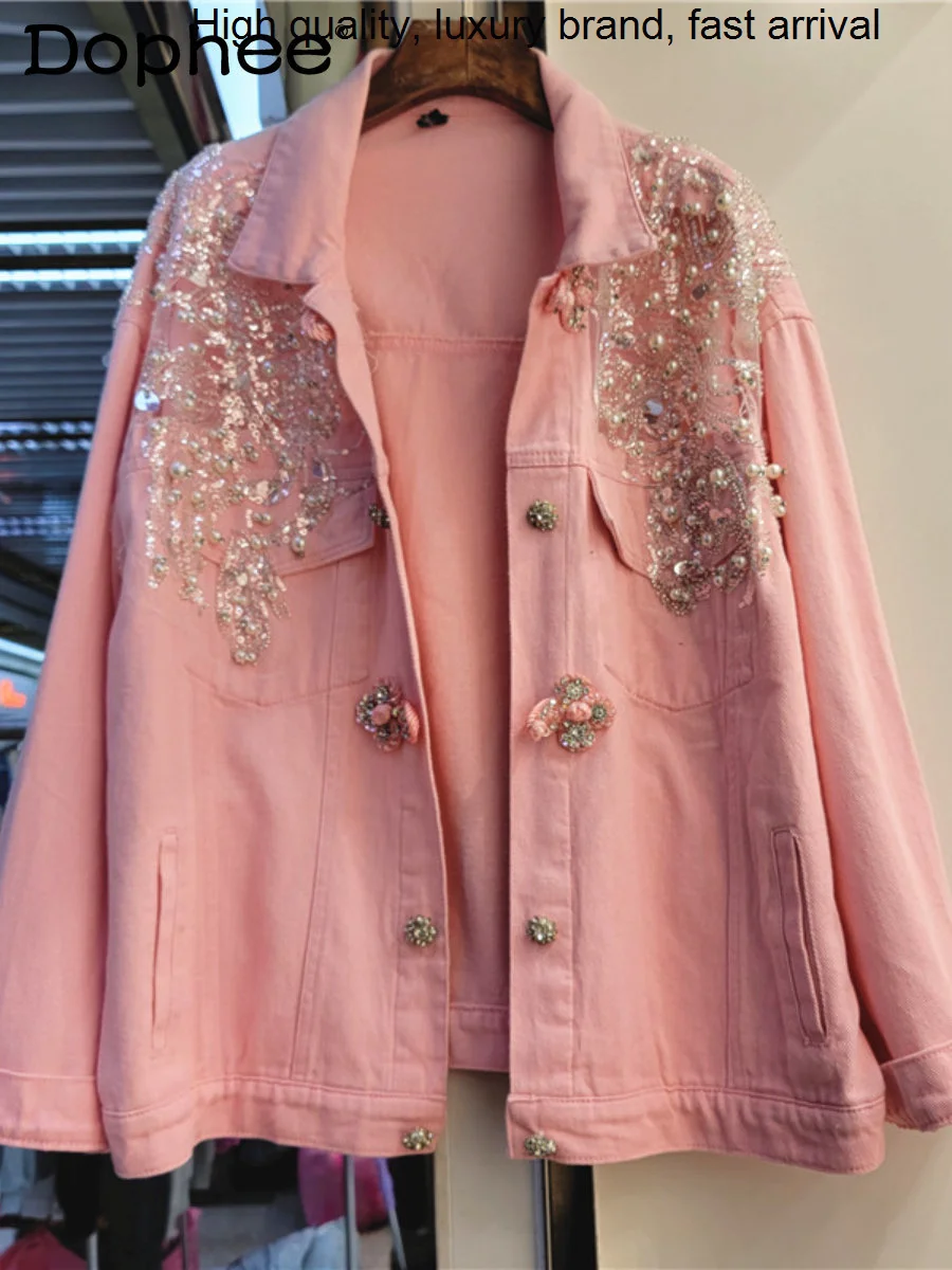 Refined Sweet Pink Handmade Lace Stitching Diamond Embroidery Beads Denim Jacket Women Loose Buckle Jean Coat 2023 Spring Casaco