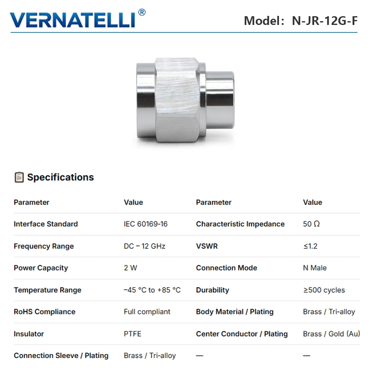 N Male RF Coaxial Load, DC‑12GHz, 2W, 50 Ohm, Low VSWR Termination, Model 2W‑N‑JR‑12G