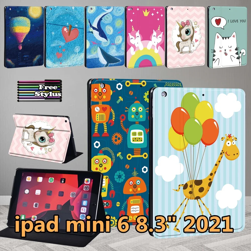 

For IPad Mini 6 A2567 A2568 A2569 Case Funda Apple IPad Mini 6 2021 8.3" Leather Cartoon Pattern Ultra Thin Protective Cover