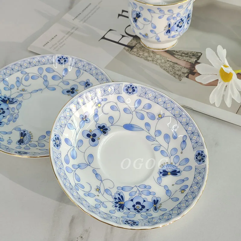 

Elegant Blue Floral Bone China Cup and Saucer Set Fine Porcelain Coffee Set for Gift and Dining Decor