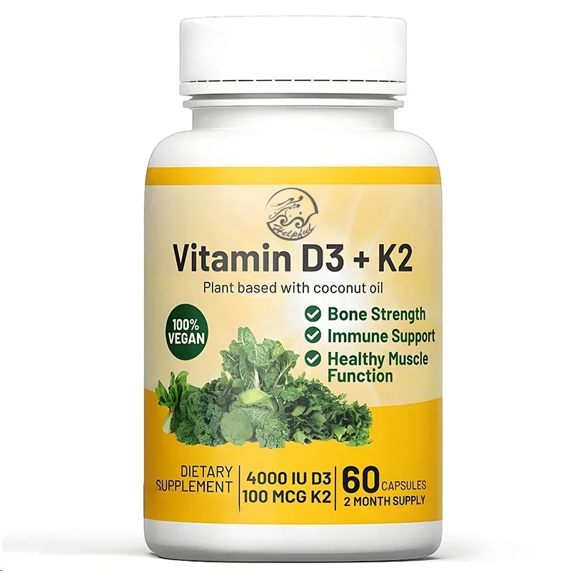 

60 Capsules Vegetarian Vitamin D3+K2 4000IU (100mcg) with Coconut Oil, 100% Plant-based Vegetarian Vitamin D