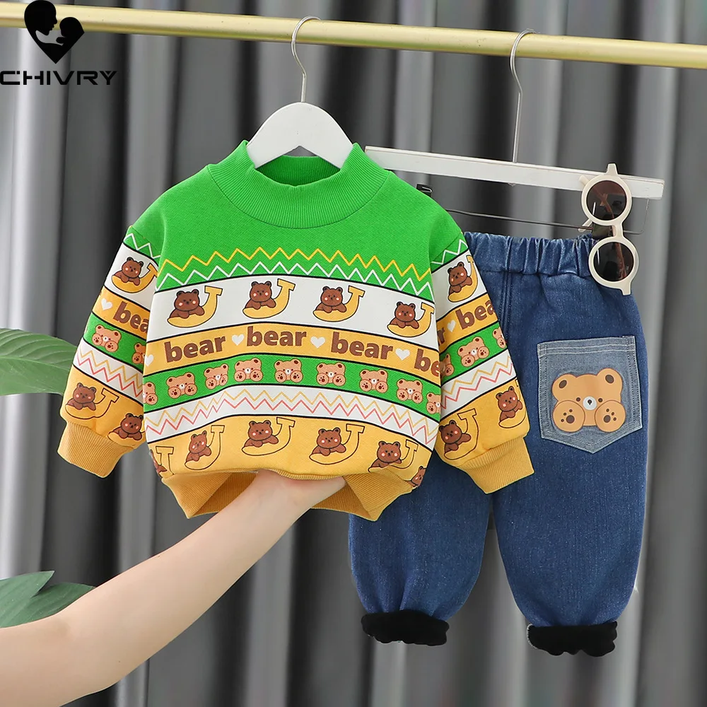 

New Kids Boys Autumn Winter Cute Cartoon Rabbit Thicken Warm Pullover Sweatshirt Tops with Jeans Baby Girls Casual Clothing Sets