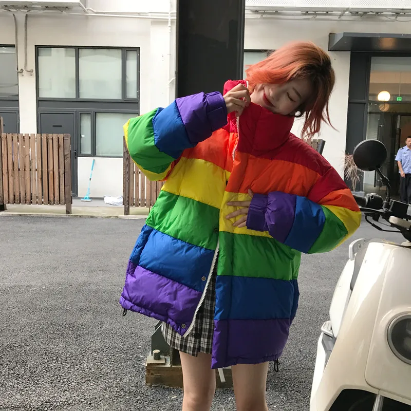 Harajuku Winter Casual Jacket Women Rainbow Wadded Parka Coats Korean Fashion Loose Striped Woman Coat Femme Chaqueta Mujer