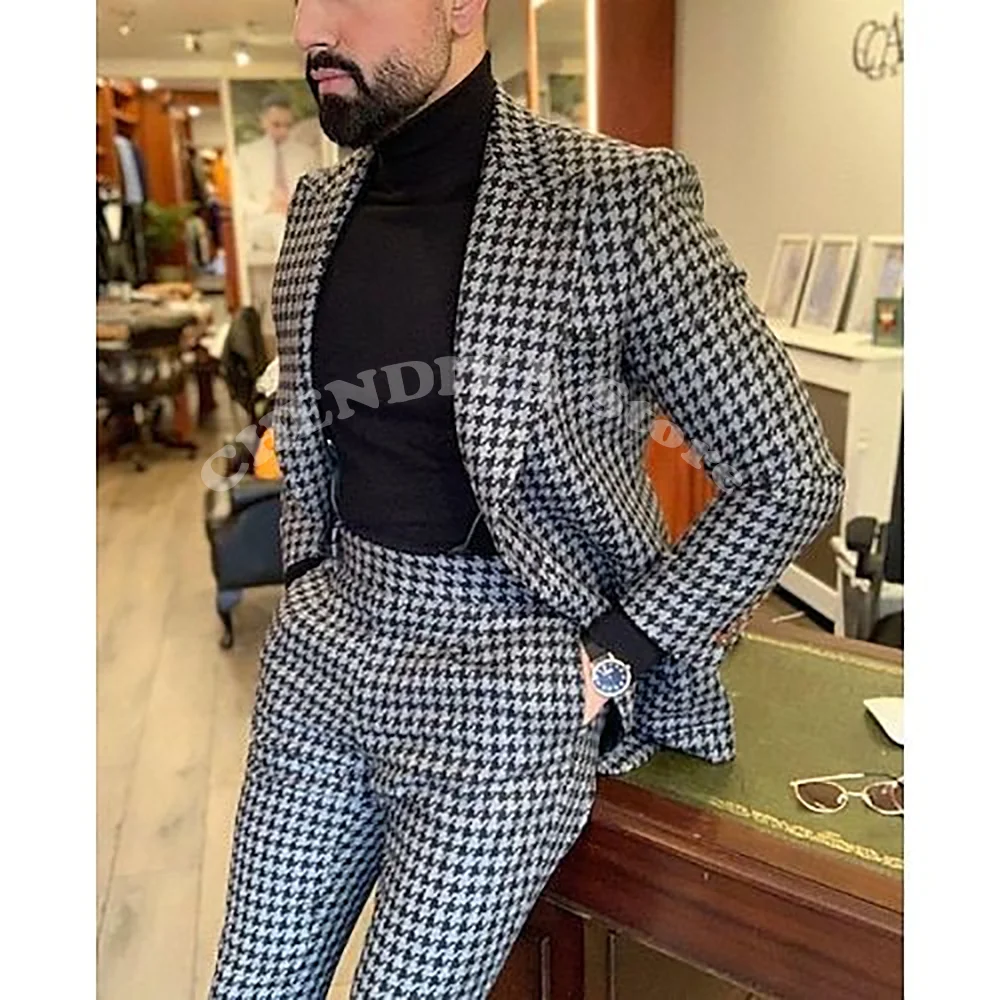 

High Quality Men's Suits Chic Houndstooth Peak Lapel Best Man Wedding Suit Slim Fit 2 Piece Male Clothes Tuxedo Jacket Pants