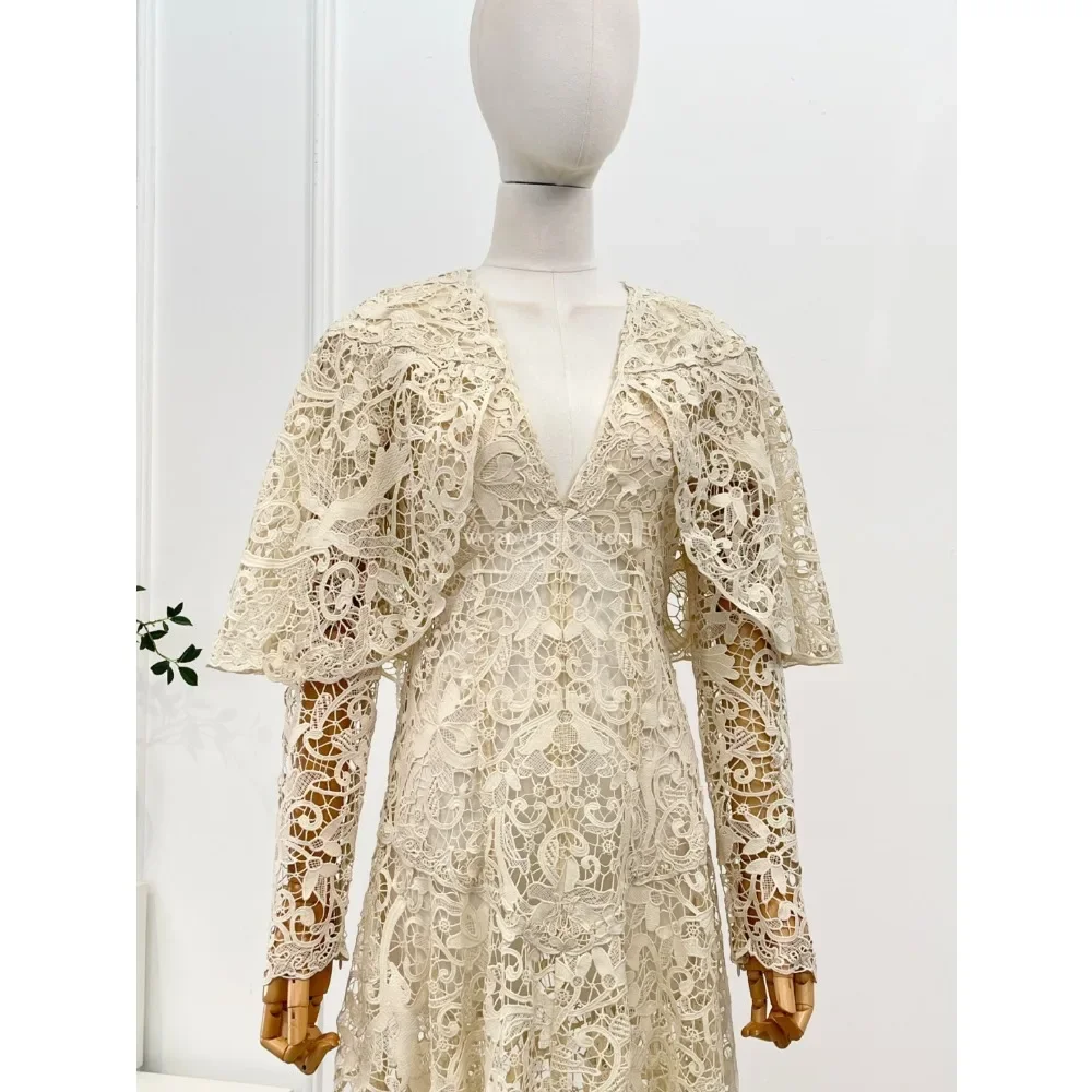 Cream Beige Lace Patchwork Long Sleeve Deep V Neck Midi Dress Top Quality As Picutre