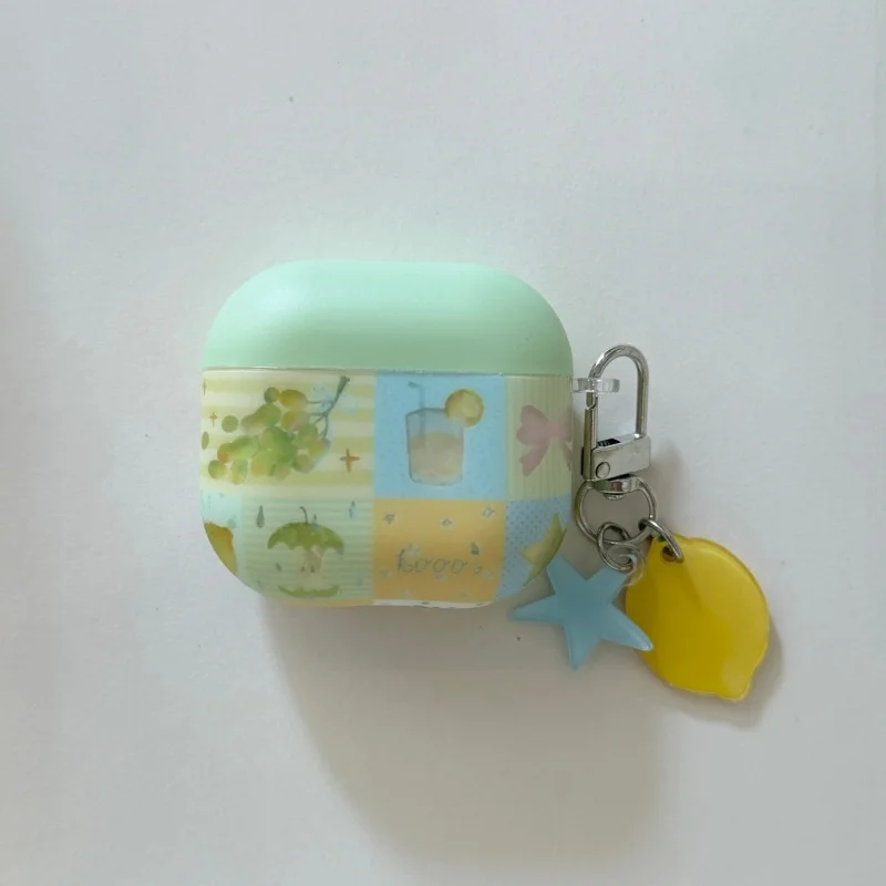 Two-Tone Mint Top Earphone Case with Lemon Star Acrylic Charm Keychain for Airpods Pro, Pro2, Pro3, 1, 2, 3, 4, Protective Case