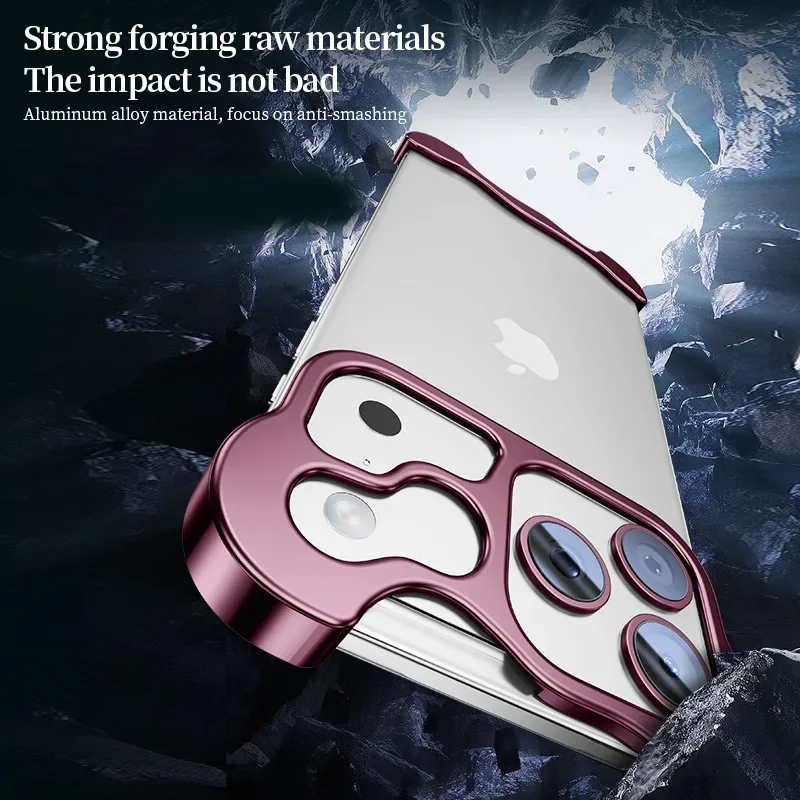 Open Back Metal Phone Case with Aluminum Alloy Corner Guards, Frameless Styling, Simple Button Access and Curved Camera Surround