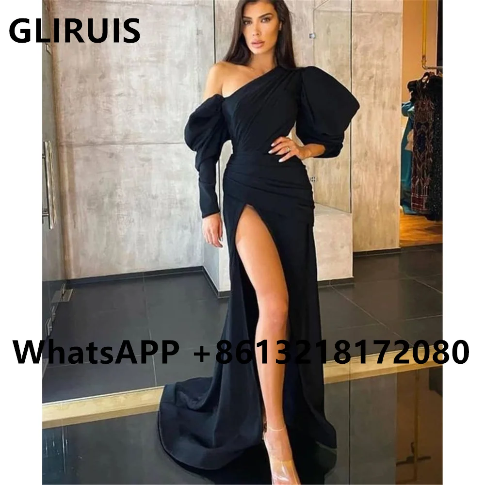 Sexy High Front Split Prom Dresses Satin Puff Sleeves Sweep Train Evening Dresses Pleat Prom Gowns Party Dress