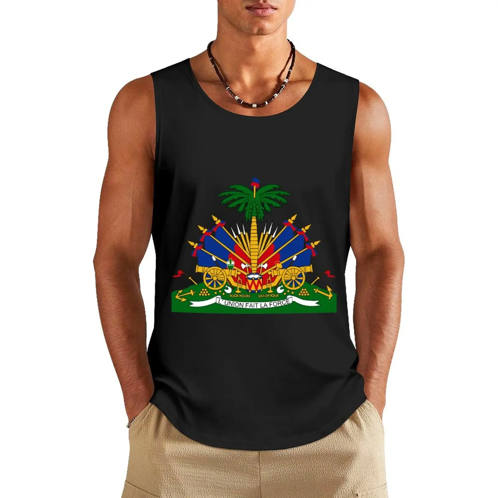 Haiti lambang mantel lengan bendera simbol L'union Fait La Force Tank Top pakaian pria anime gym T-shirt pakaian pria