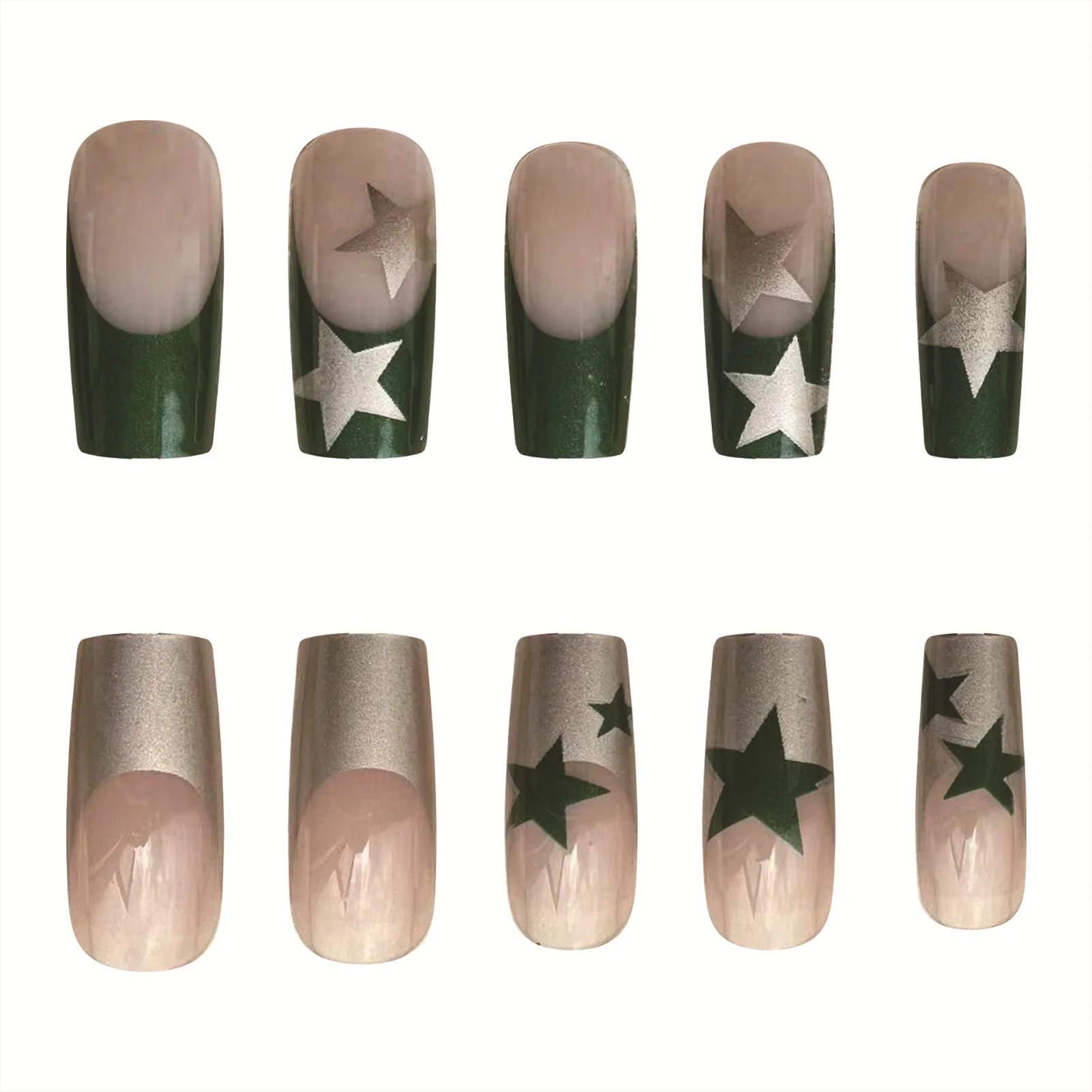 Faux ongles en pentagramme vert et argent pour salon de manucure professionnel, matériau non toxique, respectueux de l'environnement, N64.