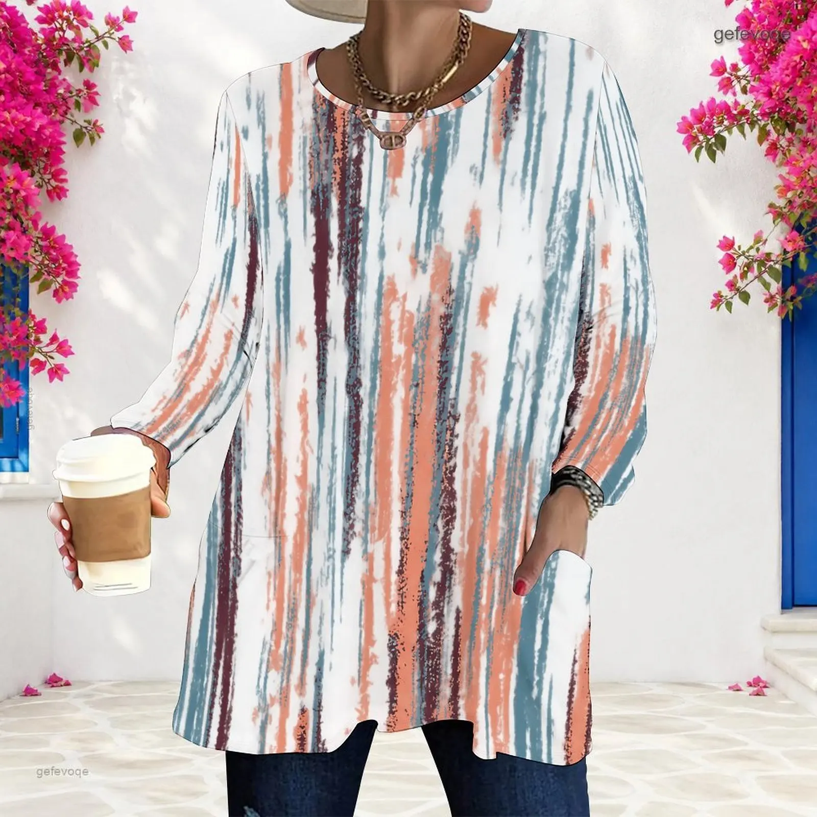 Women Round Neck Long Sleeve Loose Longline Top, Abstract Brush Stripe Printed with Pockets
