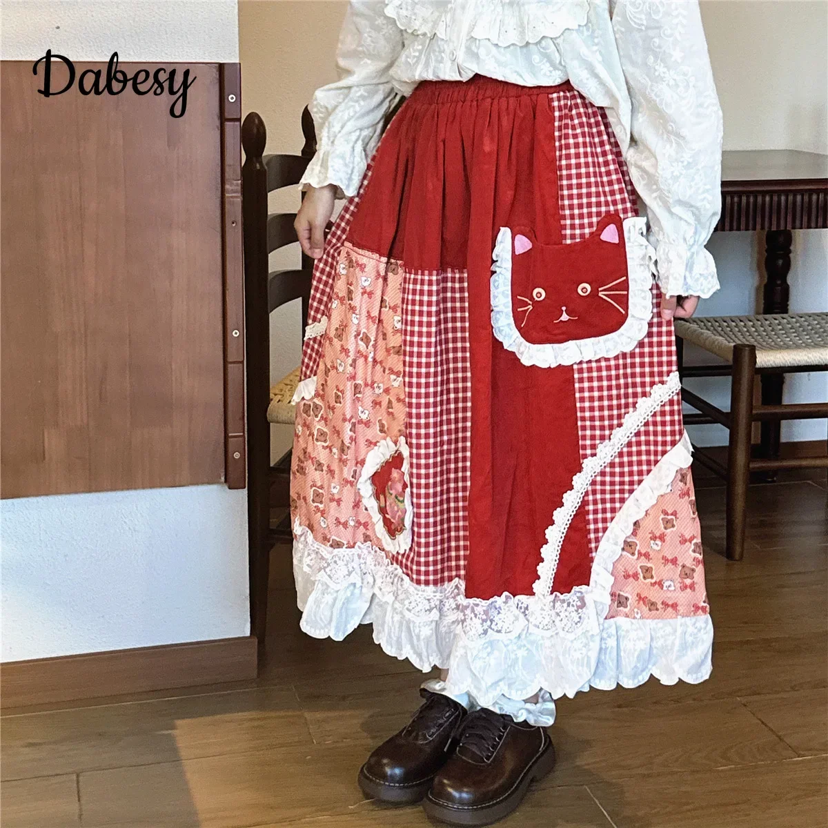 Vintage Plaid Patchwork Corduroy Lolita Skirt Women Autumn Japanese Mori Girl Lace Ruffled High Waist A-line Party Skirts Female