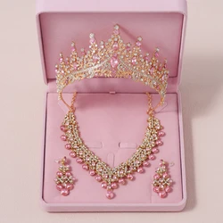 Itacazzo Bridal Headwear Romantic Style Sweet Pink-color Ladies' Party Wedding Crown Necklace Earrings 4 Pcs Set (Without Box)