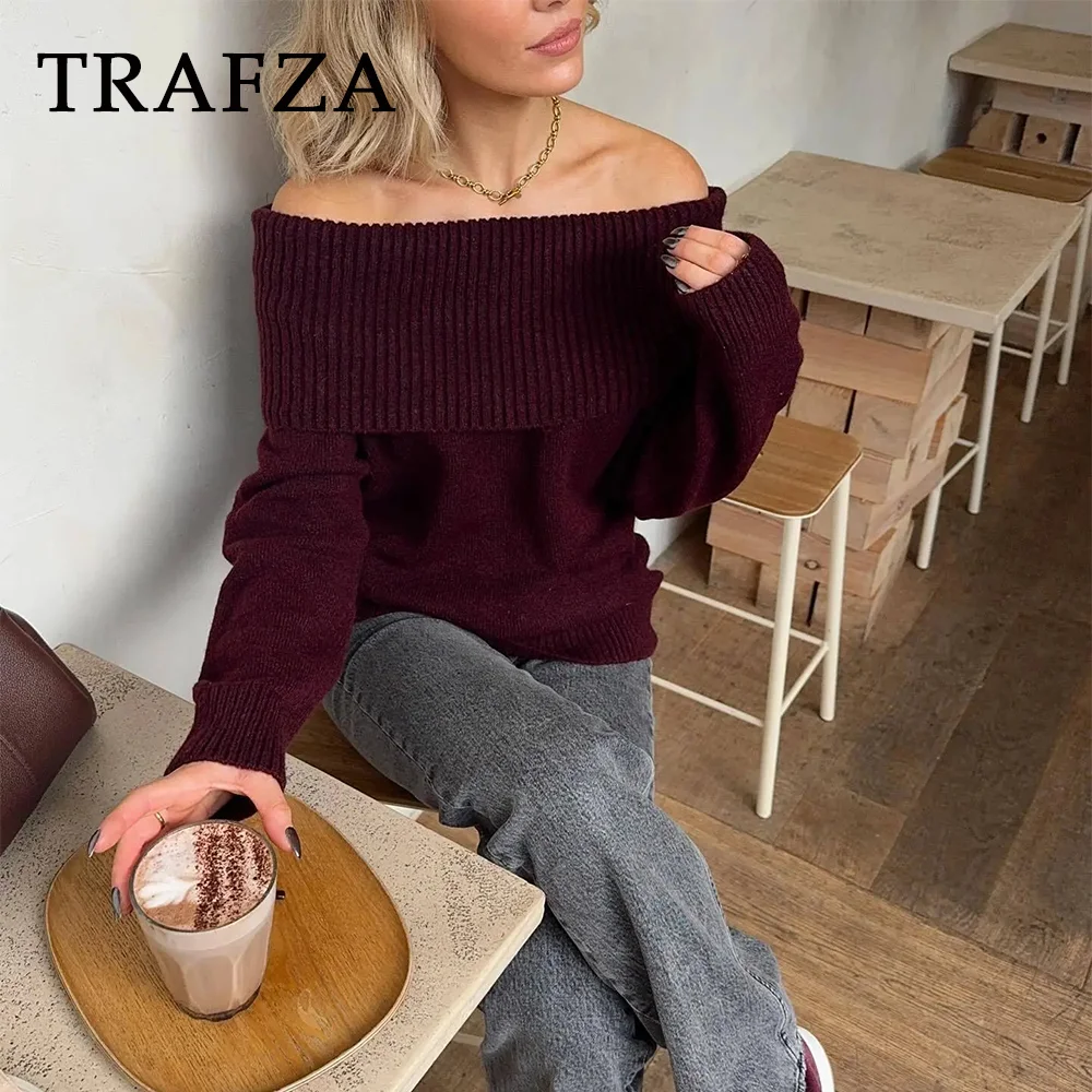 

TRAFZA 2025 Autumn Winter Streetwear Women Sweaters Fashion Casual Knitted Solid Slash Neck Warm Elegant Ladies Sweaters