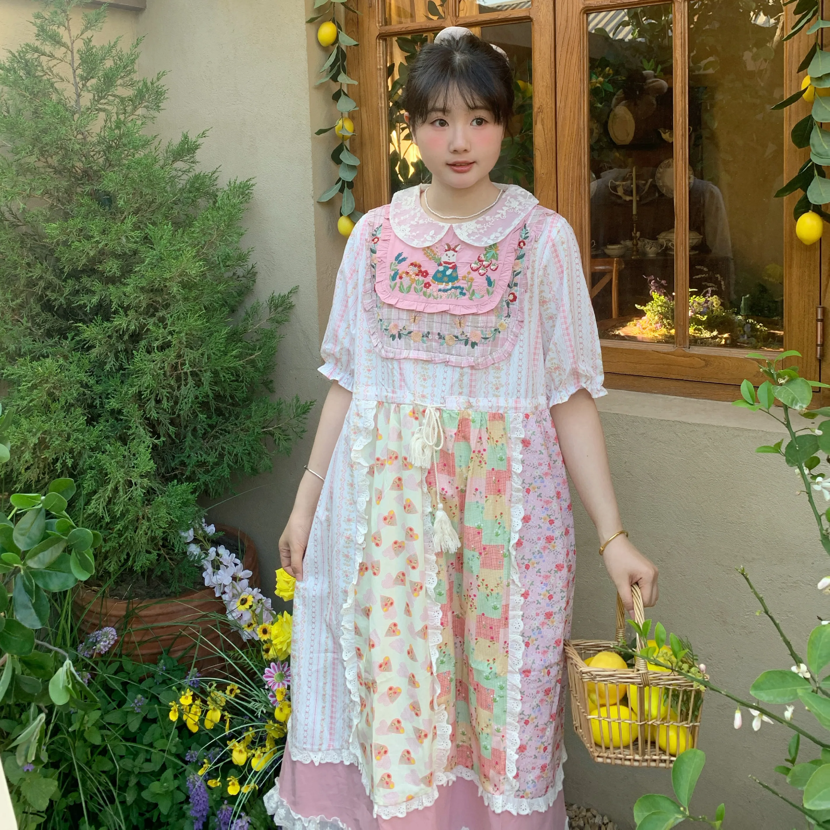 Schattig bloemenborduurwerk ort Sve Kanten kraag Taille Cinched Dr Girl's Summer Dr A-lijn rok Hoge taille Bubble Sve
