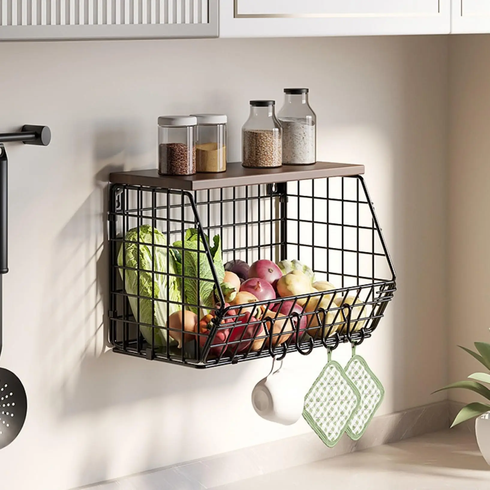 

Stackable Fruit Baskets Kitchen Counter Hanging Wire Baskets with Wood Lids Countertop Vegetable Fruit Snack Storage Organizer