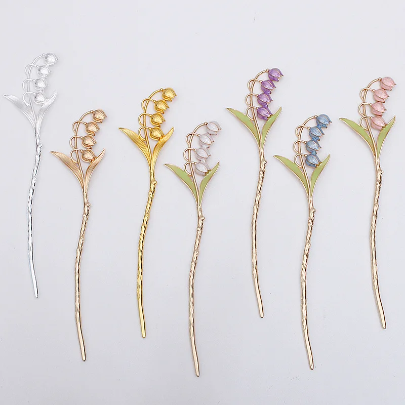 10PCS 4.1cm*18cm Colorful Lily of the Valley Hair Stick Alloy Floral Hair Forks Long Hairpin DIY Bun Head Hair Accessories