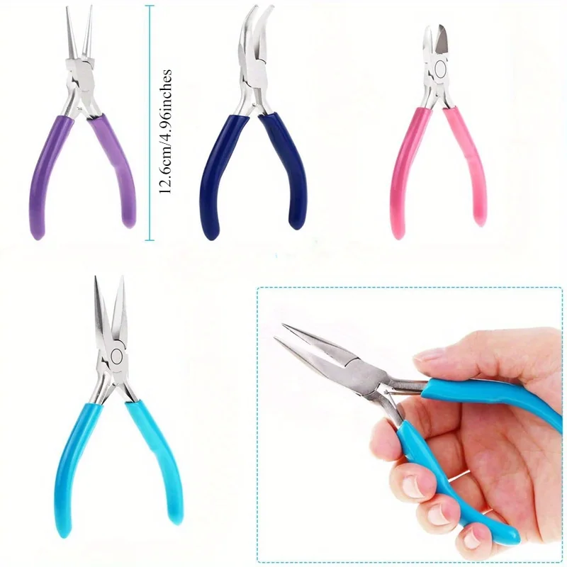 4pcs Non-slip Mini Pliers Diagonal Round Bent Needle Nose Pliers Handle Jewelry Repair Making Handcraft Beading Cutter Pliers
