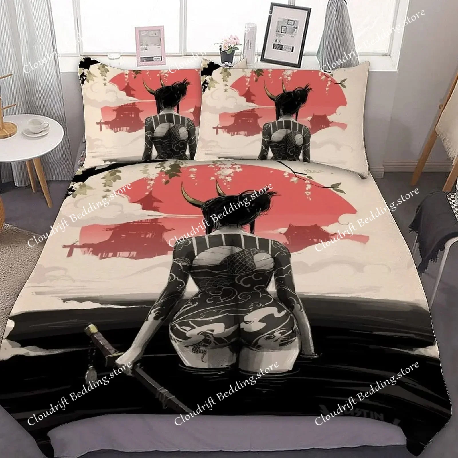 Japanese Samurai Bedding Set, Japan Sunset Landscape Building Silhouette Duvet Cover For Men Teens, Black Red