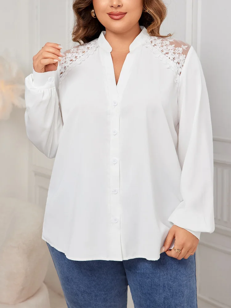 GIBSIE Plus Size Notched Neck Contrast Lace Mesh White Shirt Women Autumn New Lantern Sleeve Office Casual Button Up Shirts Tops