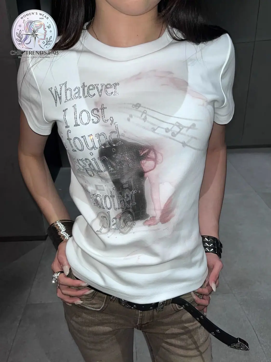 Y2K Rhinestone Graphic T Shirt Women Vintage Letter Print Quote Baby Tee Cyber Grunge Aesthetic White Slim Fit Short Sleeve Top