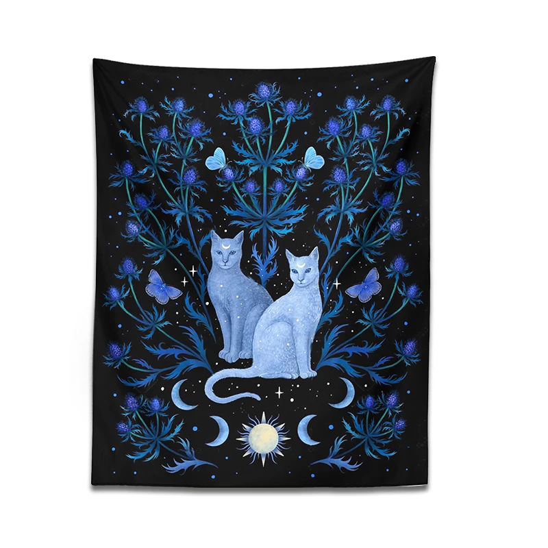 Blue Thistle Cat Tapestry Wall Hanging Psychedelic Moon Sun Moth Cat Leaf Flower Divination Occult Home Wall Black Cool Decor