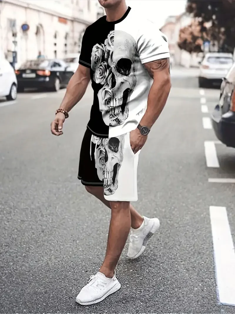 2024 Summer New Men\'s Set, 2-piece T-shirt shorts men\'s streetwear, 3D Skull Set, Men Fashion Clothing, US SIZES S-2XL